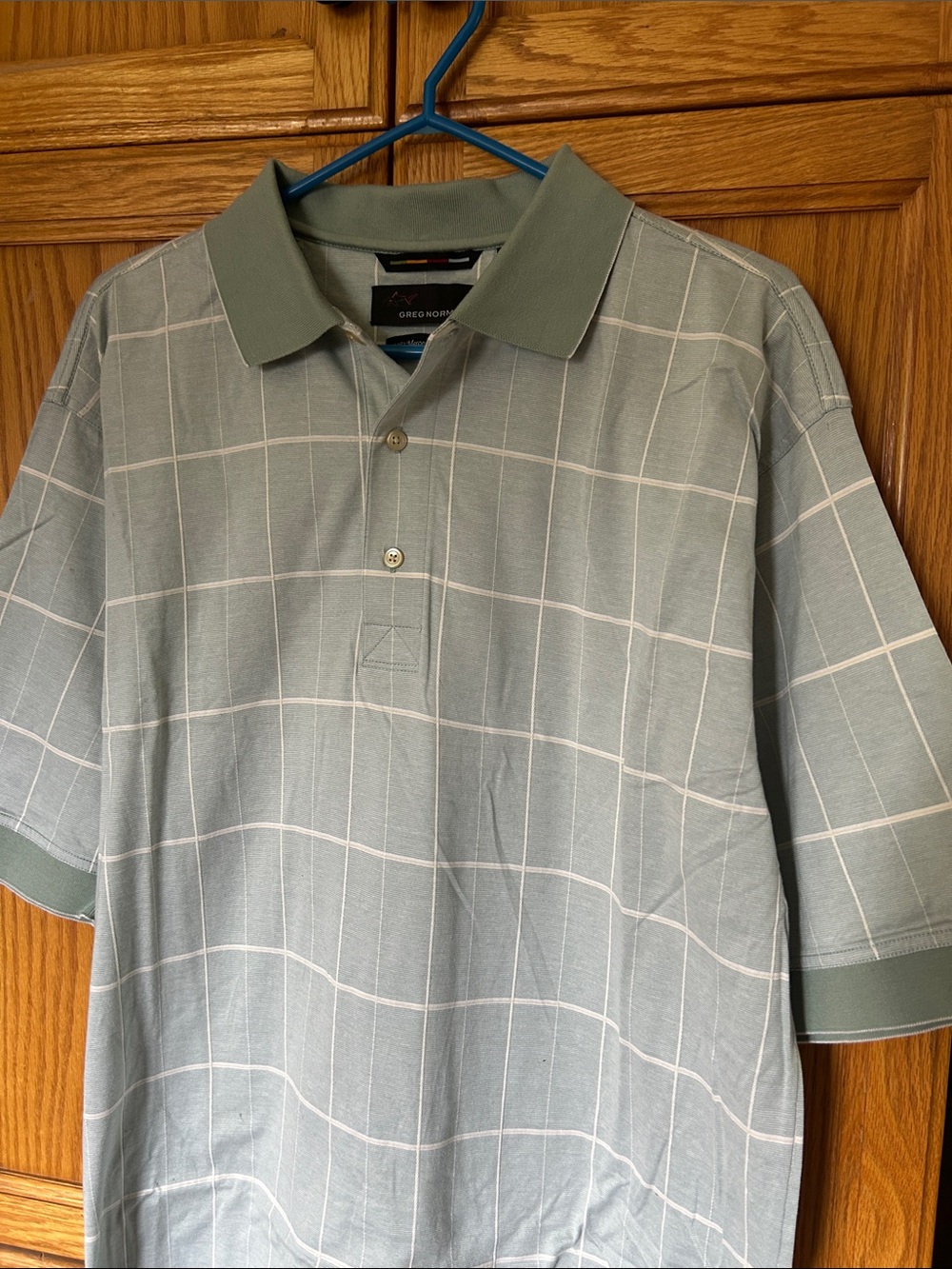 Greg Norman Collection Light Gray Windowpane Polo with Olive Trim